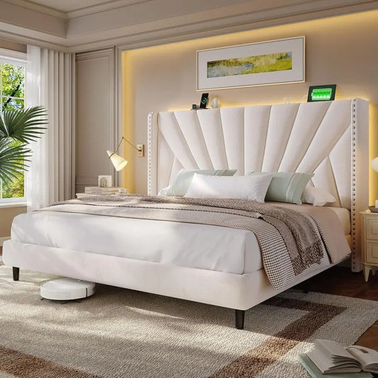 Chengwei Velvet Wingback King Bed Frame With LED Headboard