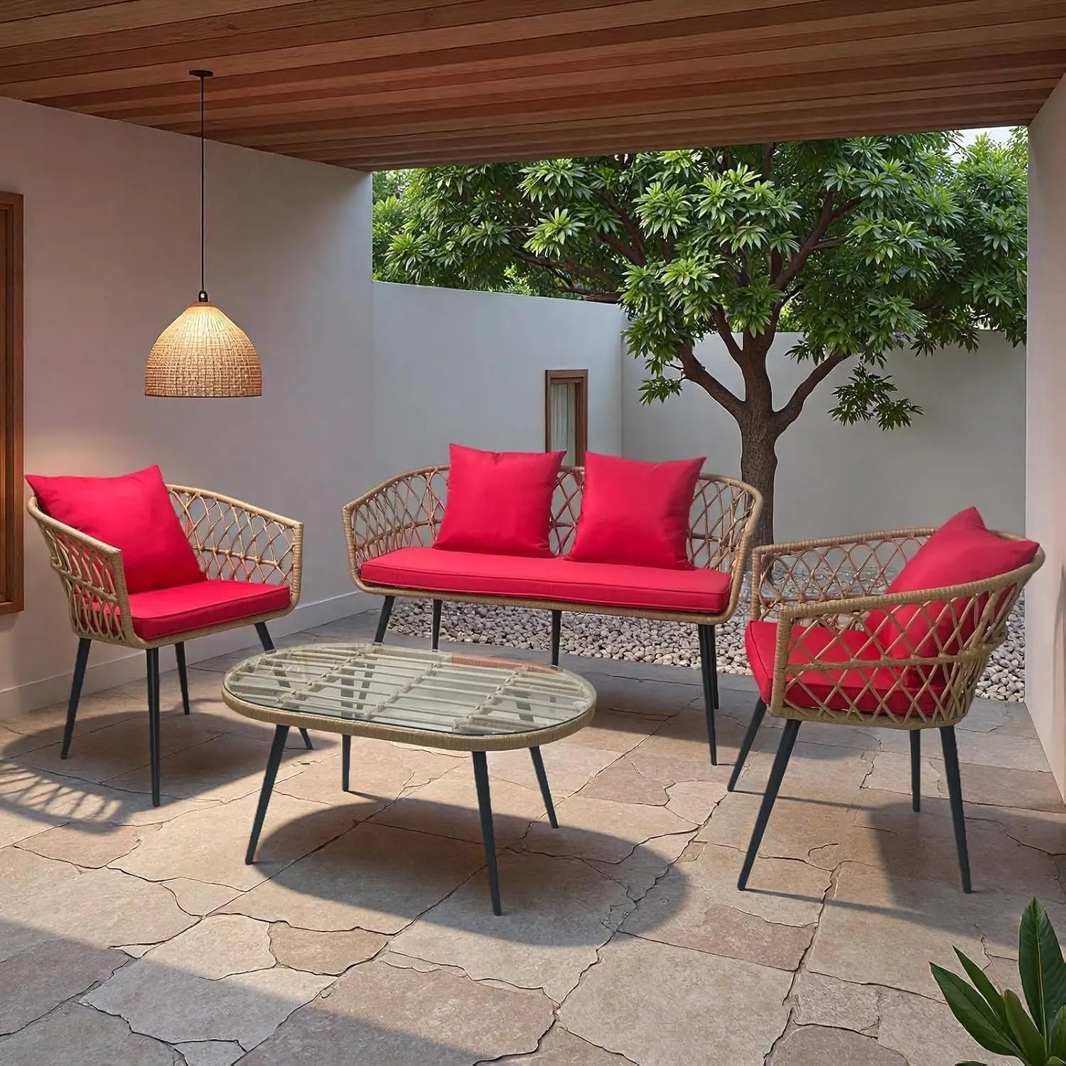 4 Piece Patio Furniture Set,Outdoor Conversation Set with Wicker Sofa, 2 Rattan Chairs and Glass Table, Patio, Customized