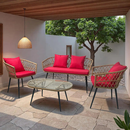 4 Piece Patio Furniture Set,Outdoor Conversation Set with Wicker Sofa, 2 Rattan Chairs and Glass Table, Patio, Customized