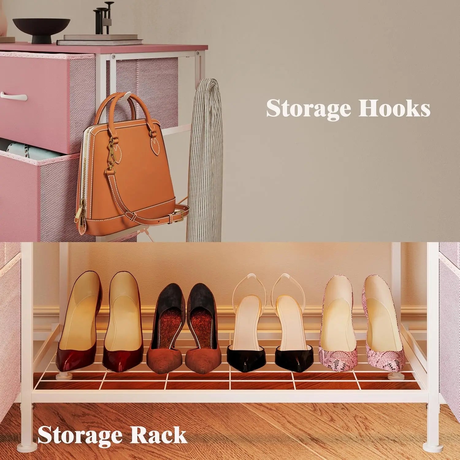 2-in-1 Dresser with Hanging Rack, 10 Drawers Dresser for Bedroom,Dressers with Fabric Drawers,LED Lights, Charging Station