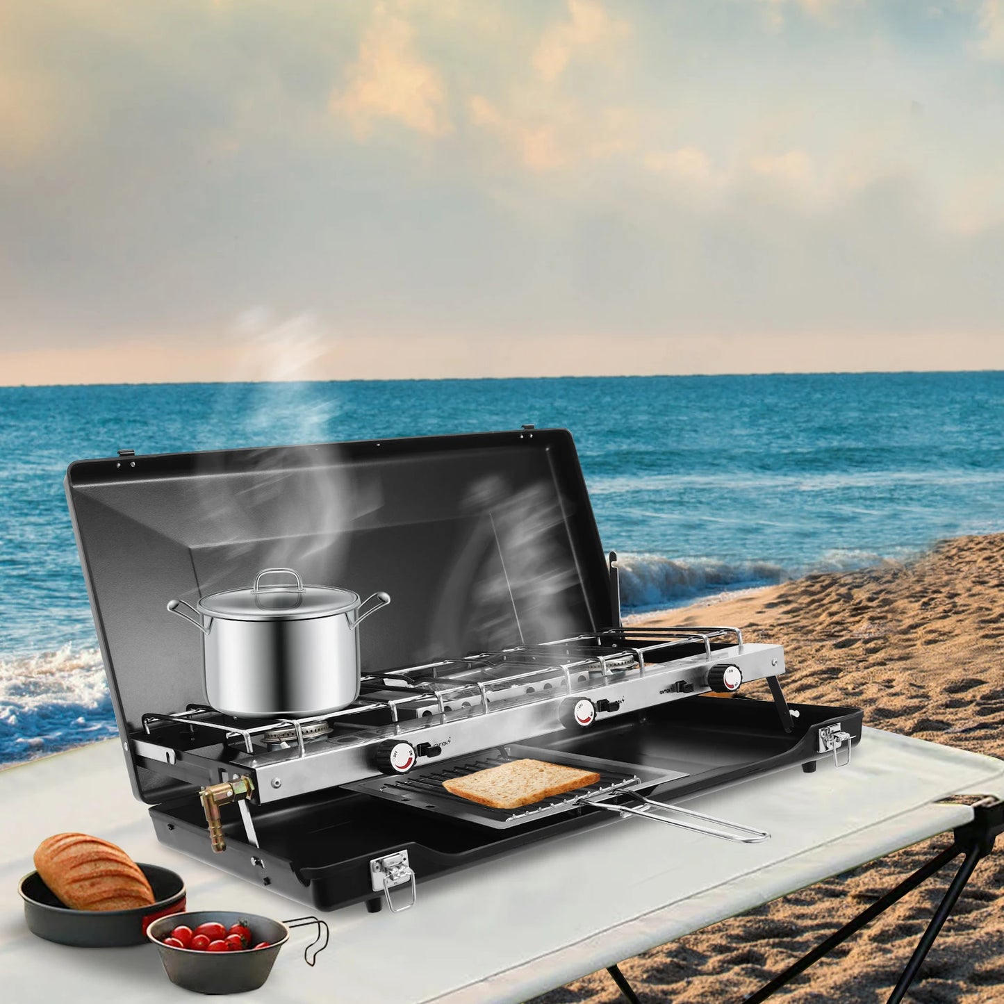 [Outdoor Campfire Grill] 3-Burner Durable Cold-Rolled Steel Grill - Windproof Lid for Camping & Outdoor Cooking