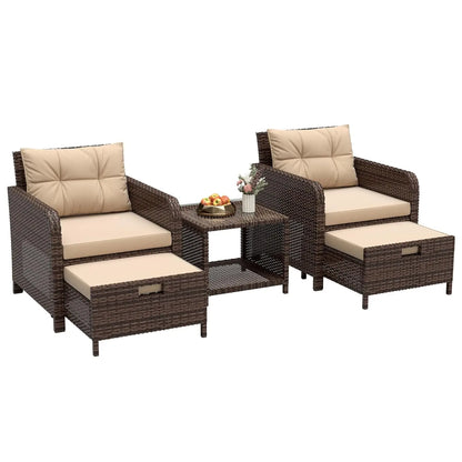 5 Piece PE Outdoor Furniture Set Soft Cushions Coffee Table Hidden Ottoman Porch Lawn Garden Balcony, Customized