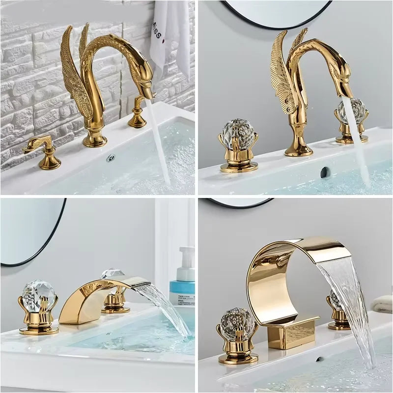 Senlesen Golden Bathroom Basin Faucet Brass Double Handle Hot Cold Sink Mixer Tap Swan Shape Basin Faucet Bathtub Mixers Crane