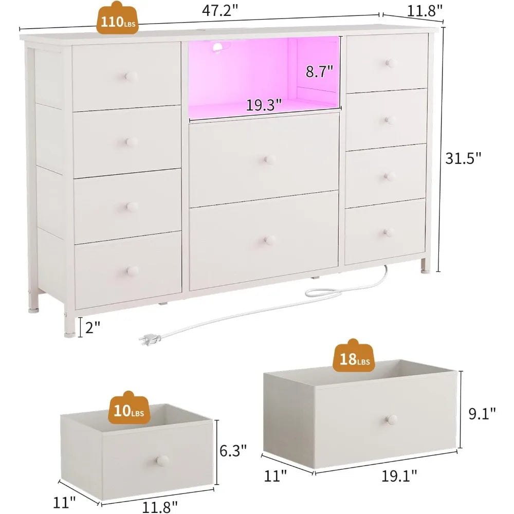 LDTTCUK Dresser with Charging Station and LED Lights, Long Dresser for Bedroom Dresser TV Stand with 10 Drawers, Fabric Chest of