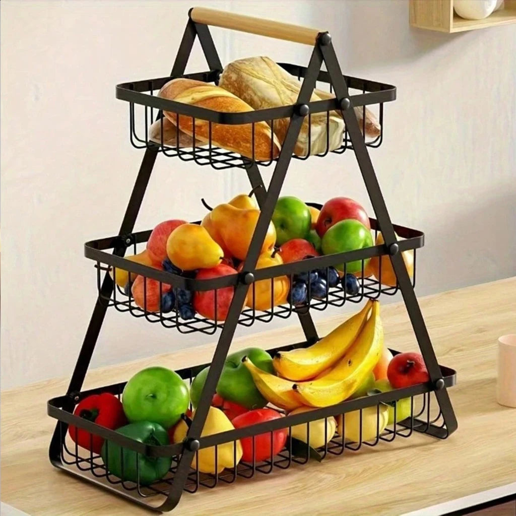 3-Tier Foldable Metal Fruit &amp; Vegetable Storage Rack with Wooden Handle - Kitchen Countertop Organizer Basket for Bread, Produce, Pantry Organization