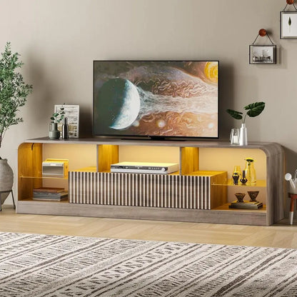 TV Stand or 60/65/70 Inch TVs, ern Curved TV ole with LED Lights, 2 Ders &amp; Glass Shelves, Living Room Entertainment Center