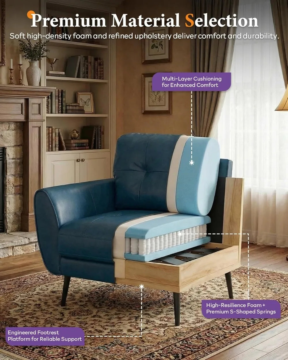 Accent Chairs Set of 2, Comfy Modern Living Room Blue Faux Leather Tufted Mid Century Arm Chair for Office Bedroom