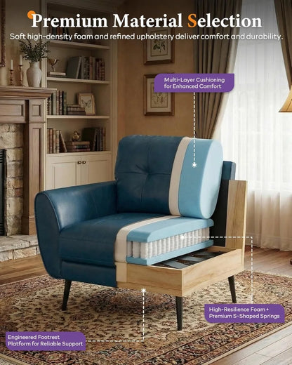 Accent Chairs Set of 2, Comfy Modern Living Room Blue Faux Leather Tufted Mid Century Arm Chair for Office Bedroom