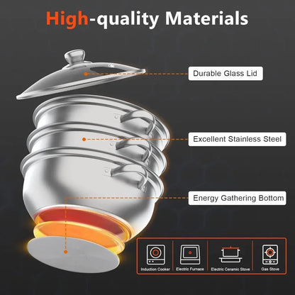 11Inch Steamer for Cooking, Stainless Steel Food Steamer Basket 3 Tier Vegetable Steamer Pot with Lid and Handle, polished