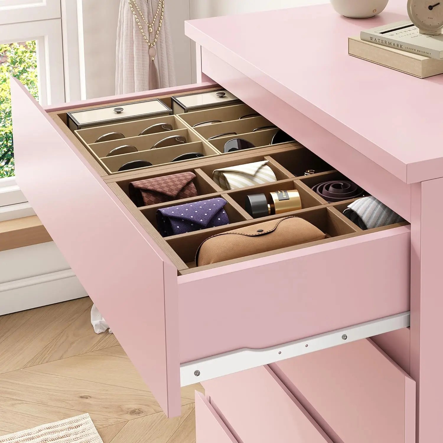 Pink 5 Drawer Dresser for Bedroom, 15" D x 23.7" W x 40.4" H in Modern Chest of Drawers, Wood Storage Dresser with Handleless