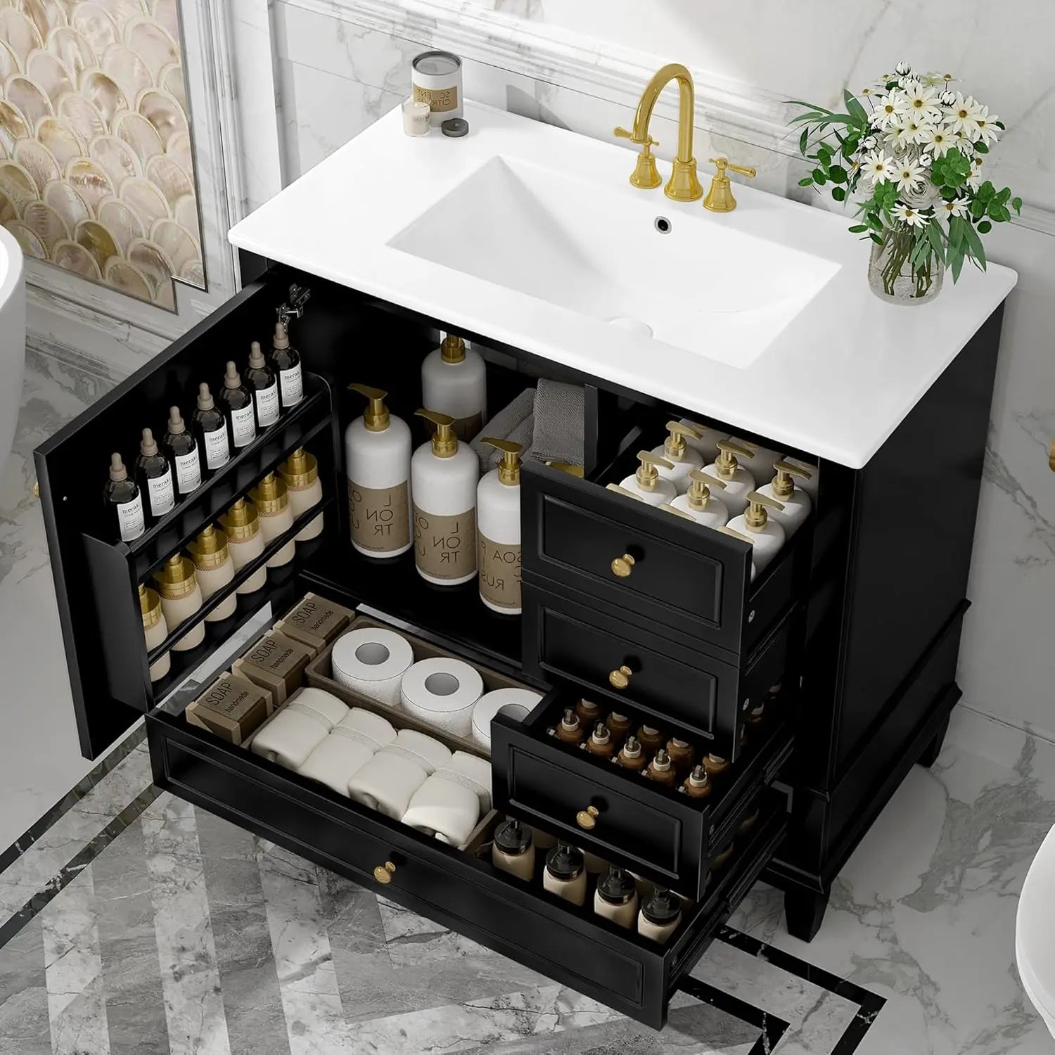 36" Free Standing Bathroom Vanity with Sink, Tip-Out Drawer &amp; 3 Drawers &amp; 2 Doors, Wood Cabinet with Ceramic Basin, Customized
