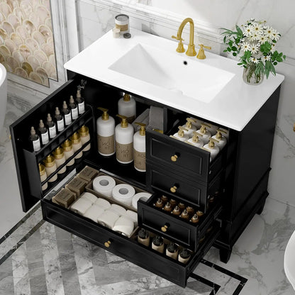 36" Free Standing Bathroom Vanity with Sink, Tip-Out Drawer &amp; 3 Drawers &amp; 2 Doors, Wood Cabinet with Ceramic Basin, Customized