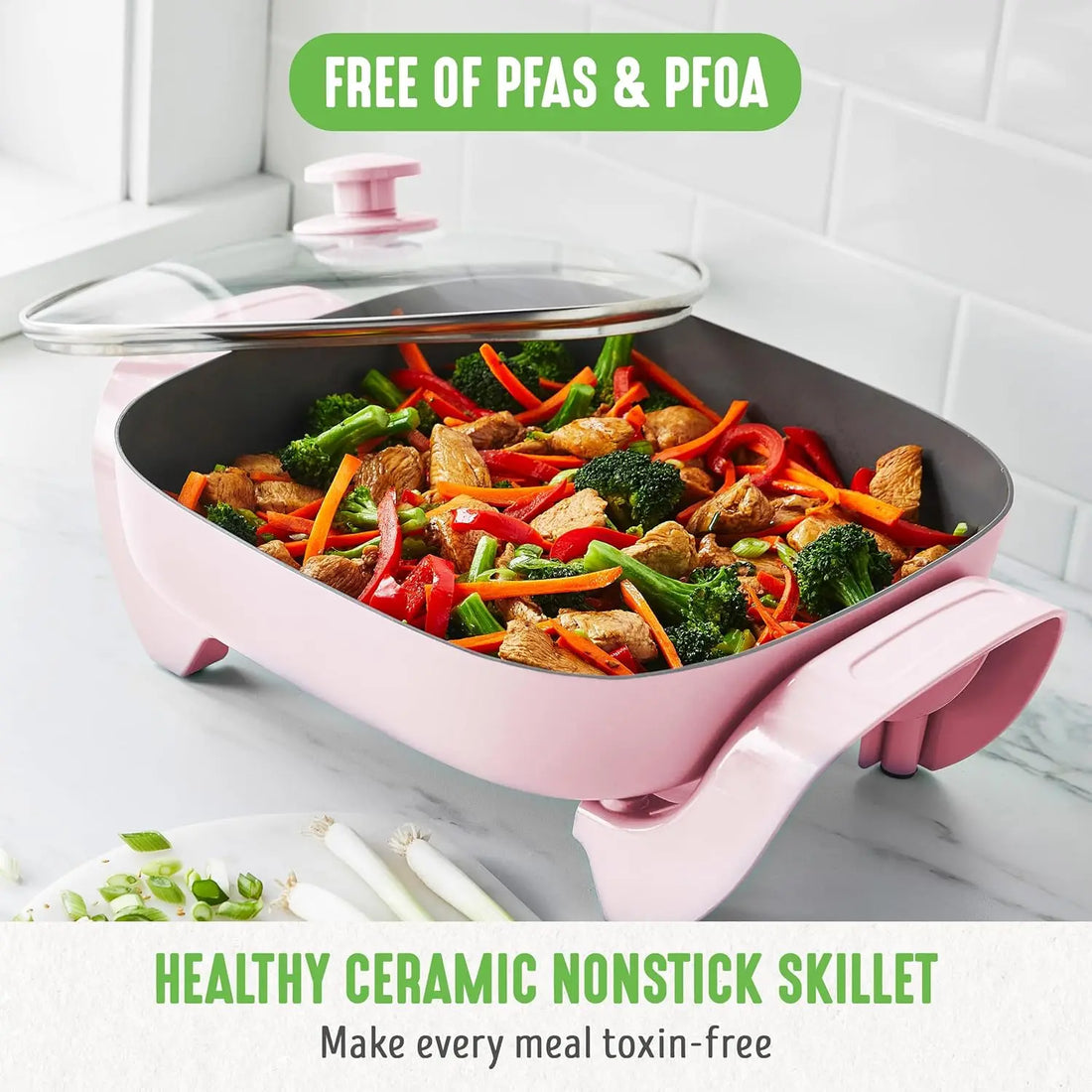 GreenLife 12" Square Electric Skillet with Glass Lid, Ceramic Nonstick, Adjustable Temp, Cool Handles, Pink