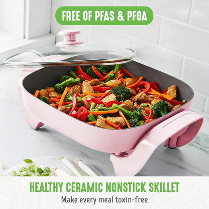 GreenLife 12" Square Electric Skillet with Glass Lid, Ceramic Nonstick, Adjustable Temp, Cool Handles, Pink