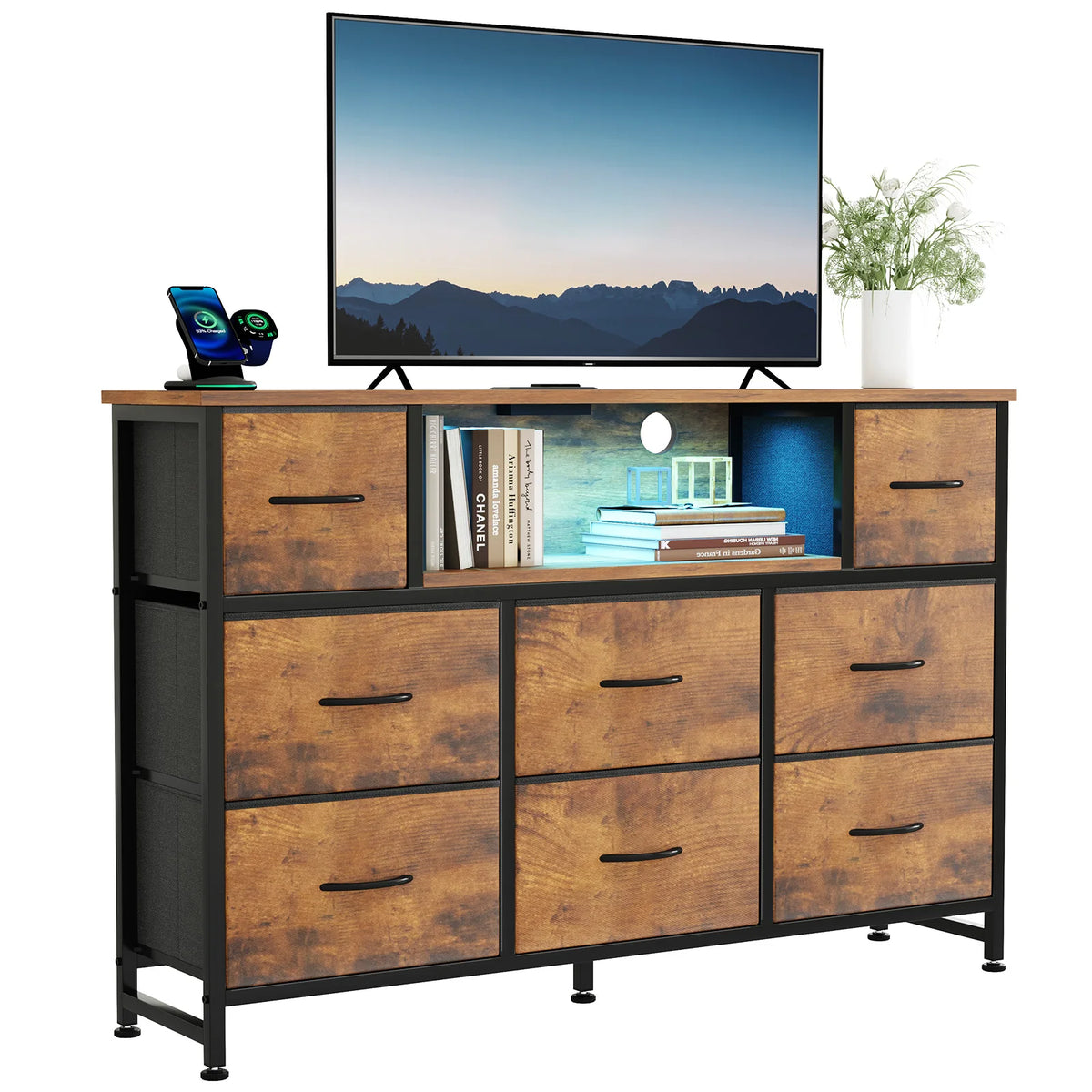 JHK LED TV Stand with Fabric Drawers and Charging Station