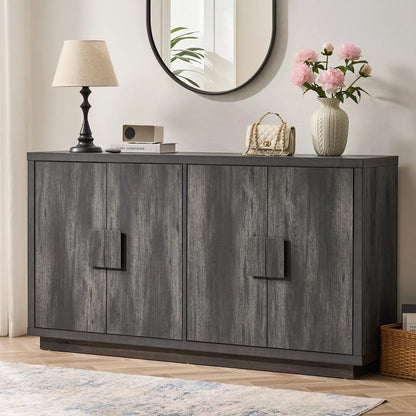 Buffet Cabinet With Storage, 63" Mid-Century Modern Sideboard Cabinet With 4 Doors &amp; Shelves, Kitchen Coffee Bar Credenza
