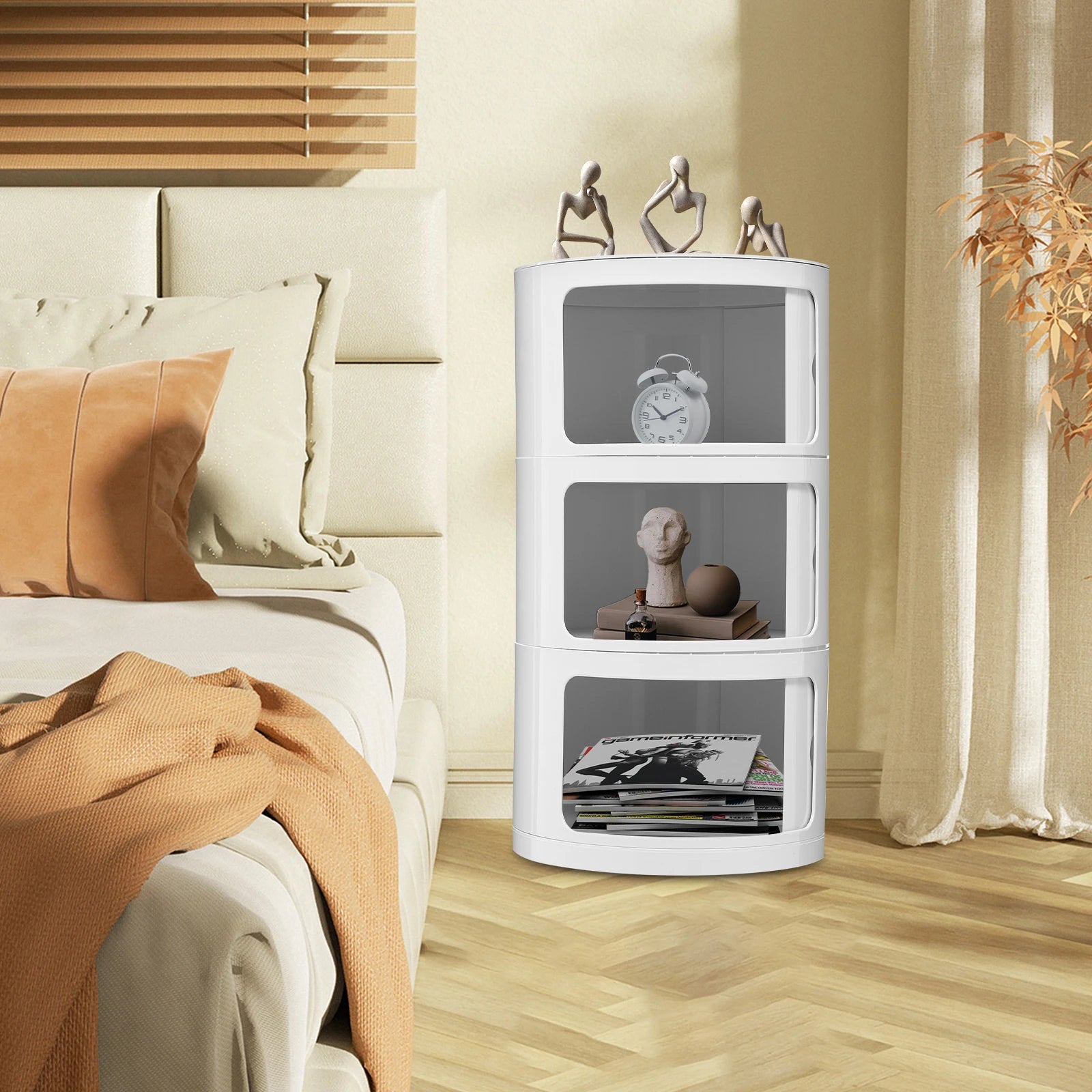3 Layers Round Bedside Cabinet with 3 Drawers Cabinet with Storage - Round End Table Nightstand for Bedroom Living Room White