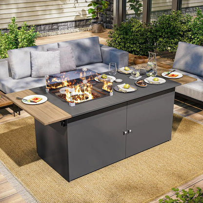 64" Gas Fire Pit Table for Outside Patio, 55,000 BTU Propane Firepit with Expandable Tabletop &amp; Wind Guard