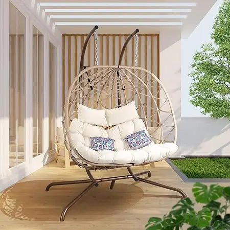 Outdoor Egg Swing Chair with Stand, 2 Person Patio Swing Chairs with Thick Cushions and Pillows, Wicker Double Egg Chair Swing