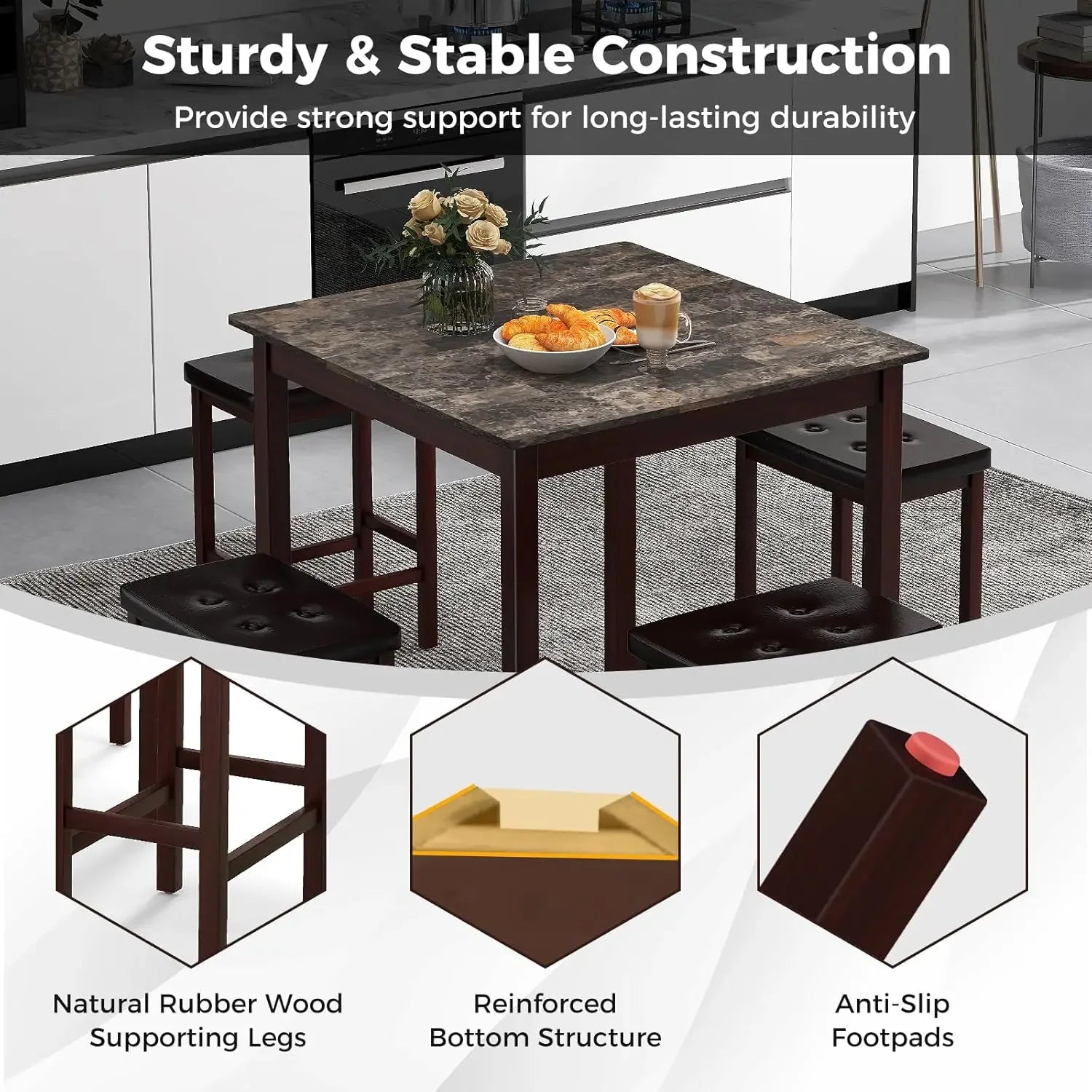 Dining Table Set for 4, Kitchen Table Chairs Set of 4, Counter Height Dining Table Set with 4 Bar Stools, Space-Saving Dinette T