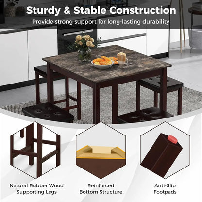 Dining Table Set for 4, Kitchen Table Chairs Set of 4, Counter Height Dining Table Set with 4 Bar Stools, Space-Saving Dinette T