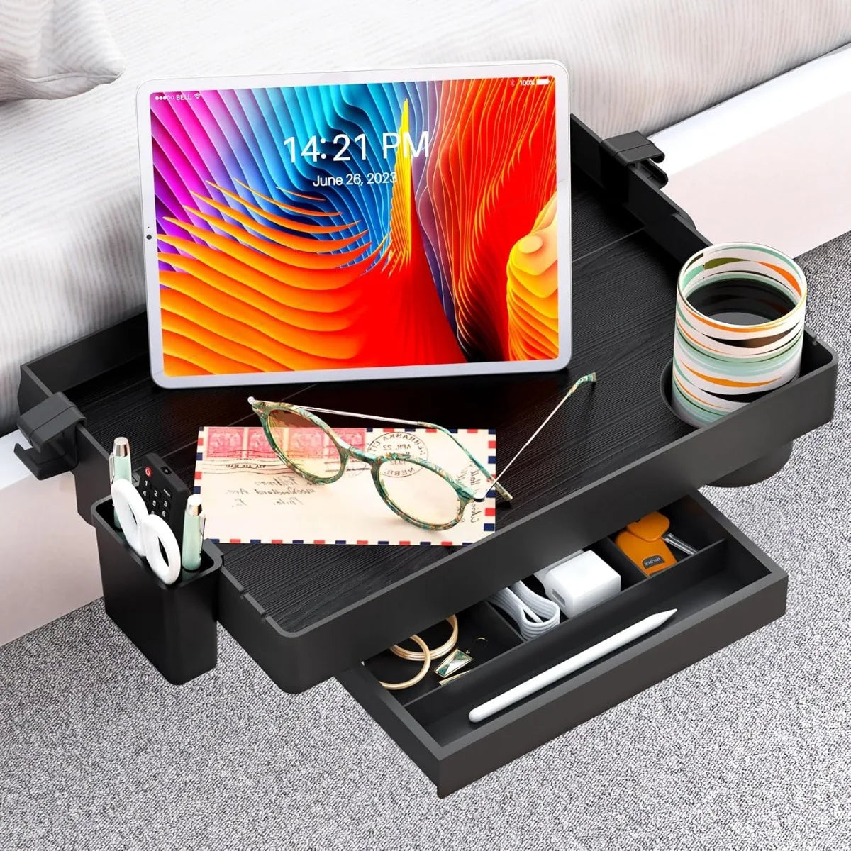 Bedside Shelf for Bed, Foldable Bunk Bed Shelf Clip On Nightstand Tray College Dorm Room Essential Table Caddy with Cup Holder