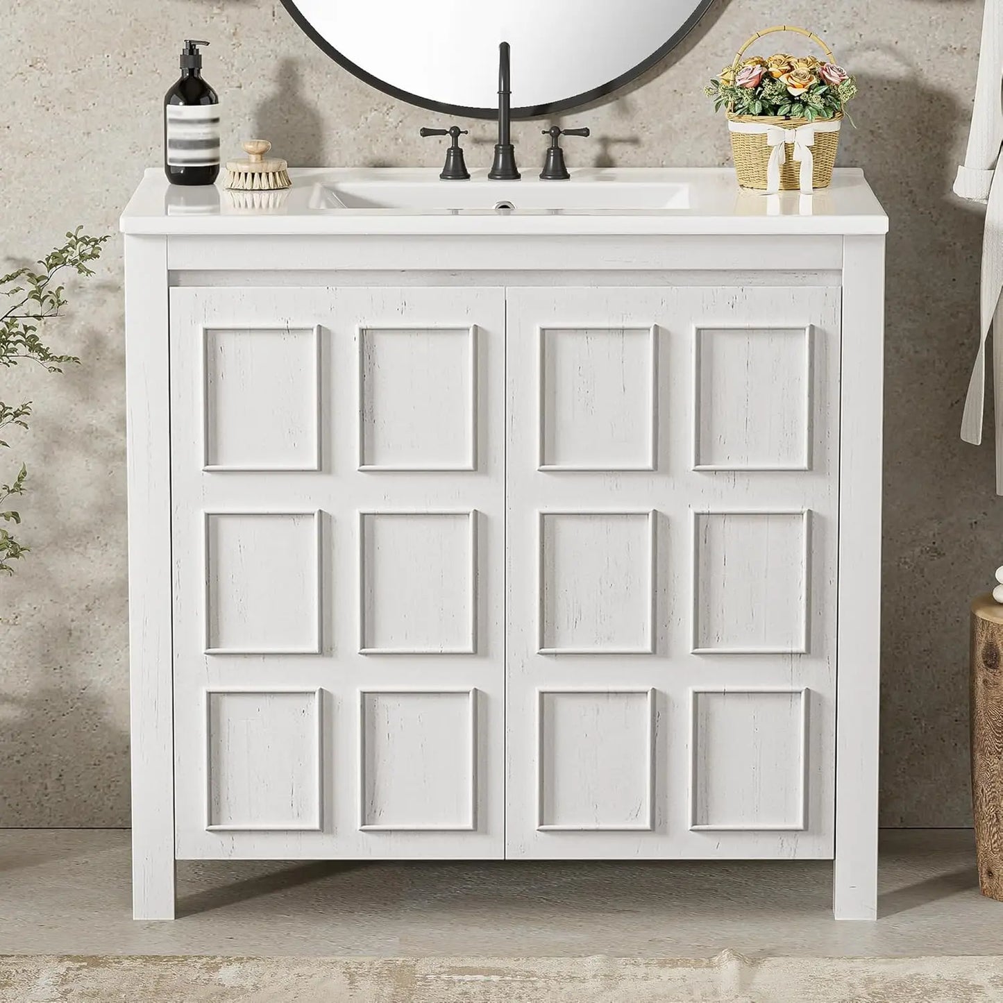 36in Free Standing Bathroom Vanity with Sink Wooden Cabinet Adjustable Shelf Ceramic Basin for Home, Customized