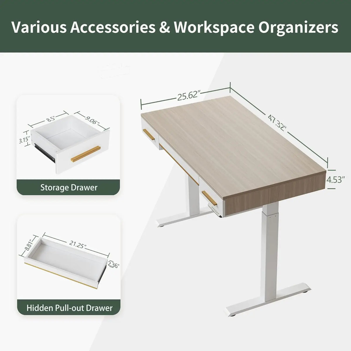 Mid Century Modern Electric Standing Desk with 3 Drawers, 48 x 26 Inches Whole Piece Sit Stand Up Home Office Desk,, Customized