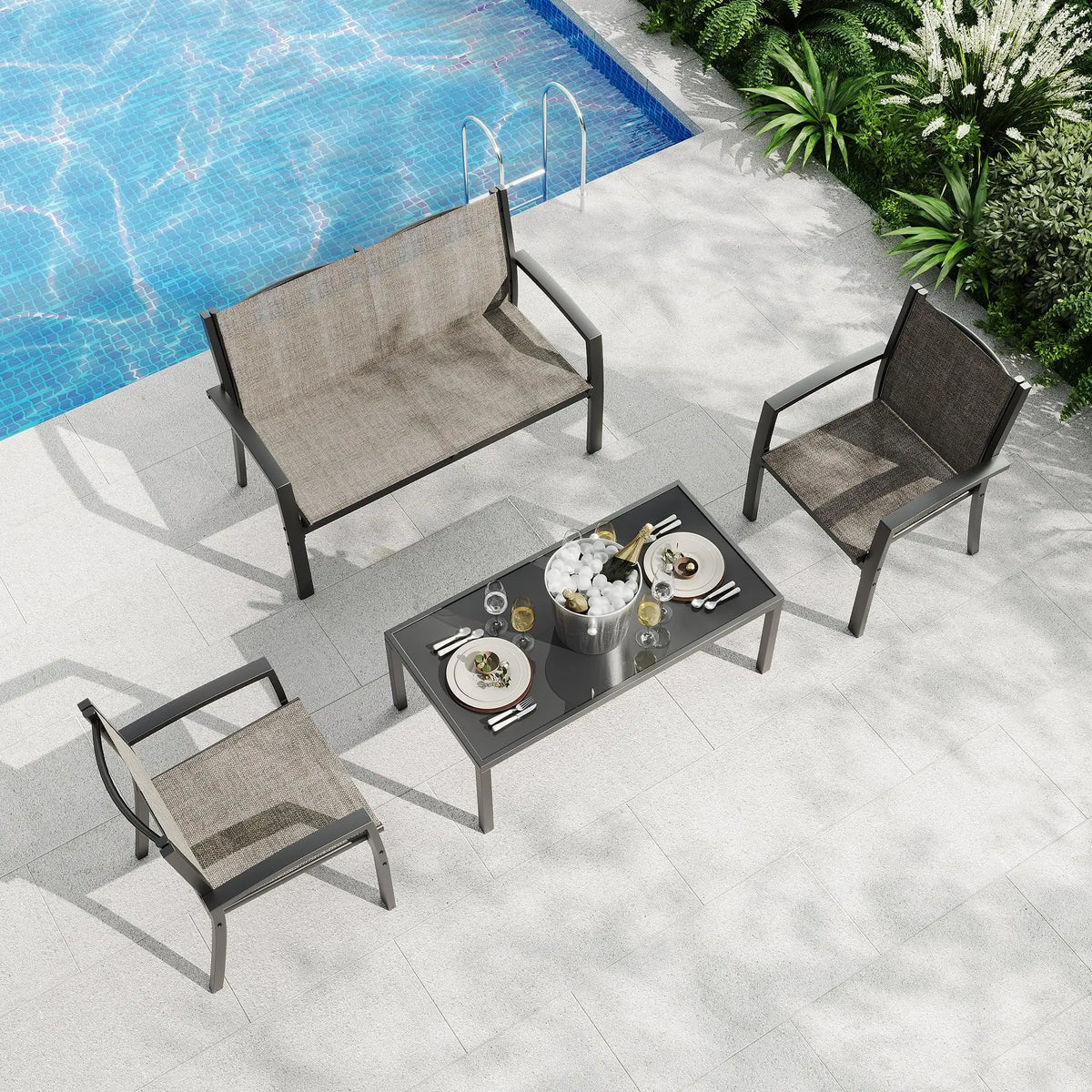Modern 4 Piece Metal Patio Furniture Set Breathable Mesh Outdoor Loveseat &amp; Chairs With Table For Deck Apartment Porch Backyard