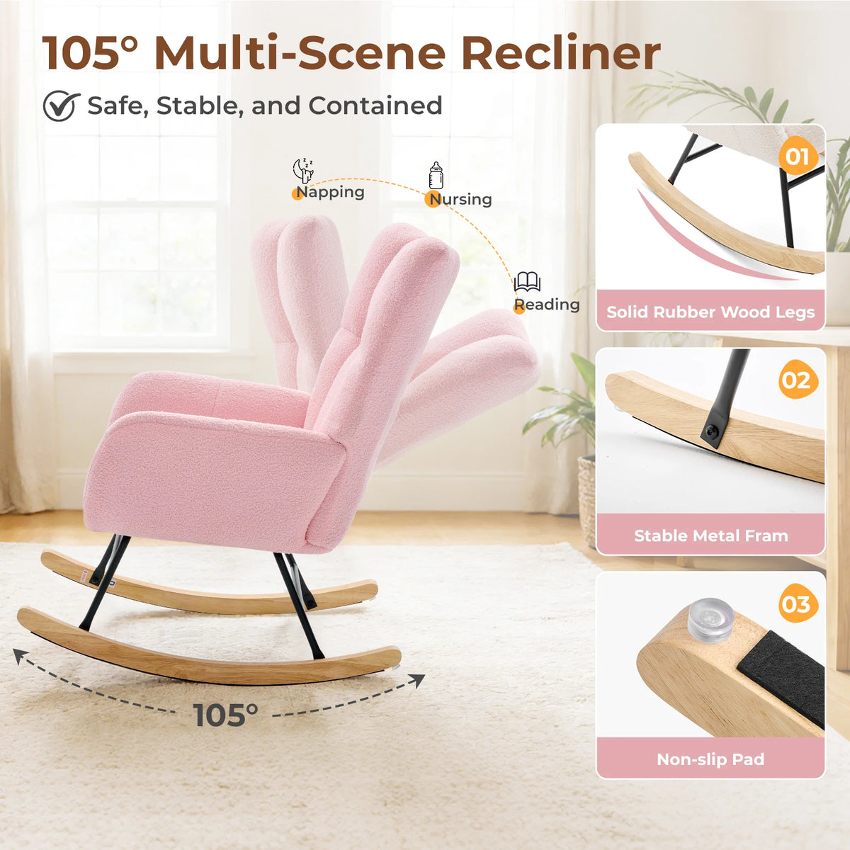 JHK Teddy Upholstered Saucer Rocking Chair with Metal Frame