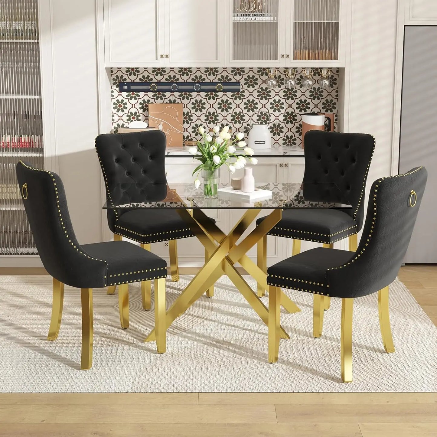 51 Inch Glass Dining Table Set for 4, Rectangular Glass Kitchen Table with 4 Upholstered Velvet Accent Chairs, 5 Piece Modern Di