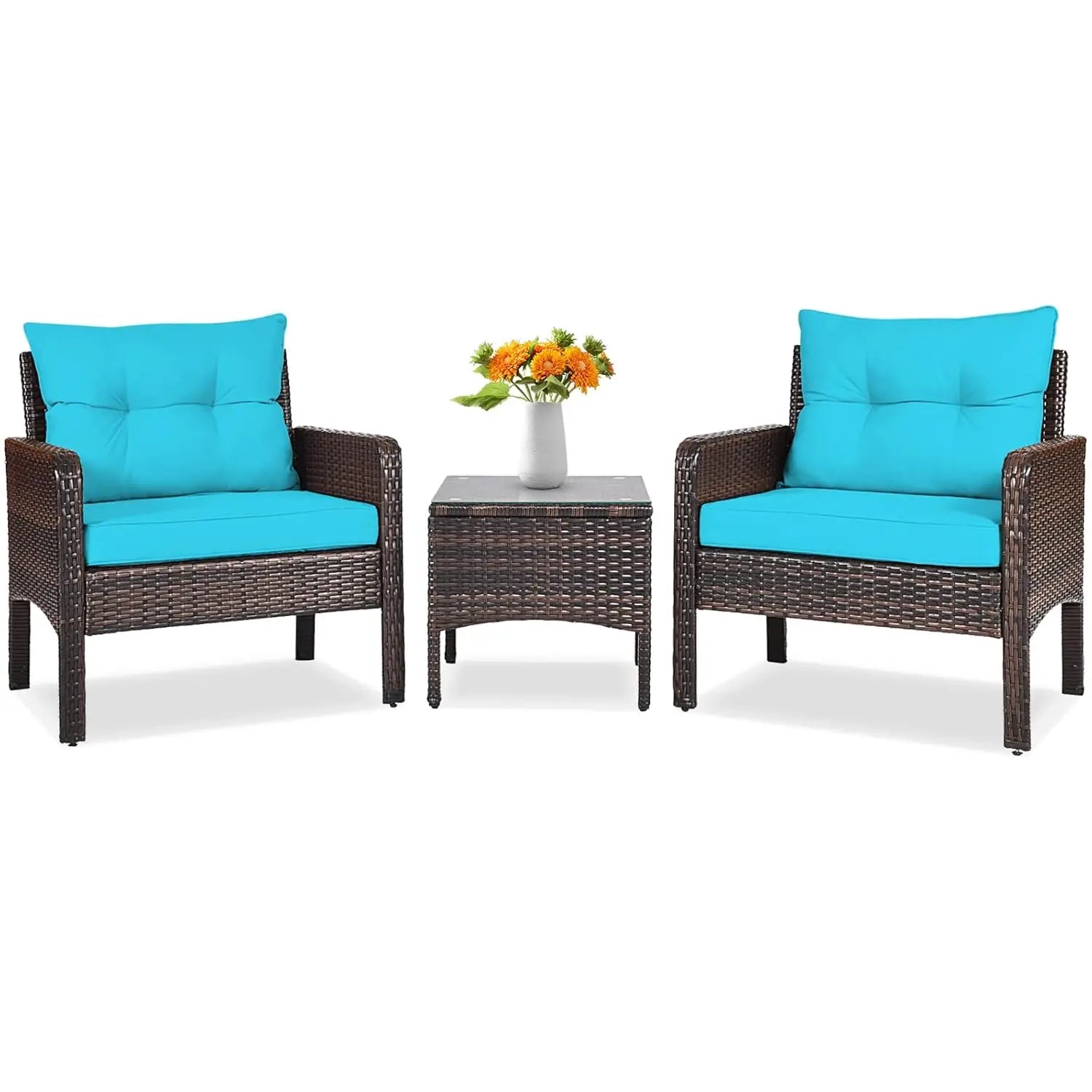 3 Piece Outdoor Patio Furniture Set, Wicker Chairs Set with Glass Top Coffee Table, Thick Cushions, All Weather, Customized