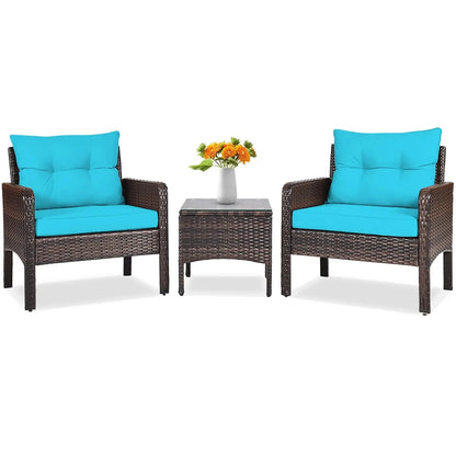 3 Piece Outdoor Patio Furniture Set, Wicker Chairs Set with Glass Top Coffee Table, Thick Cushions, All Weather, Customized