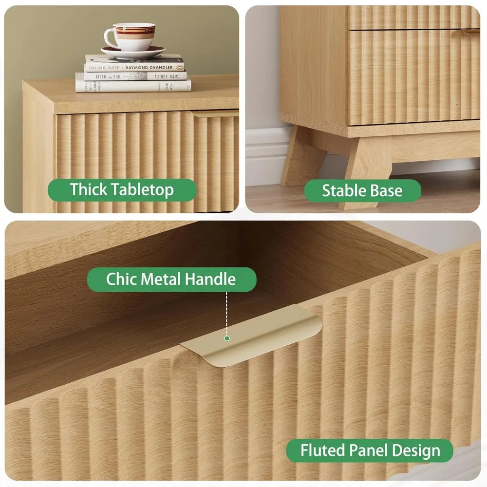 Zhuxiang Fluted Nightstand Modern 3-Drawer Wood Night Table