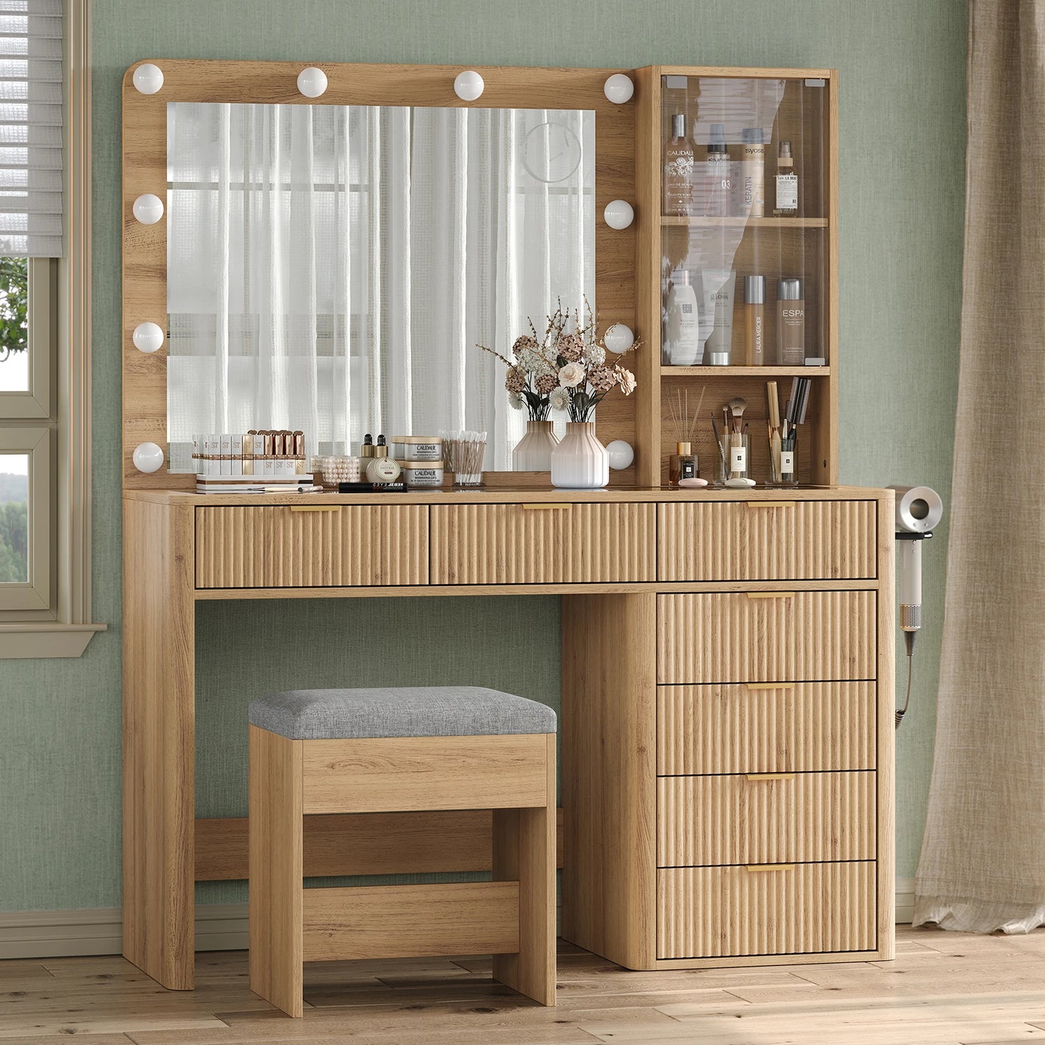 General Use Vanity Desk With LED Mirror And 7 Drawers