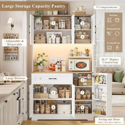 71" LED Pantry Cabinet with Power Outlet, Tall Kitchen Hutch Storage Cabinet with Microwave Stand &amp; 6 Door Shelves,, Customized