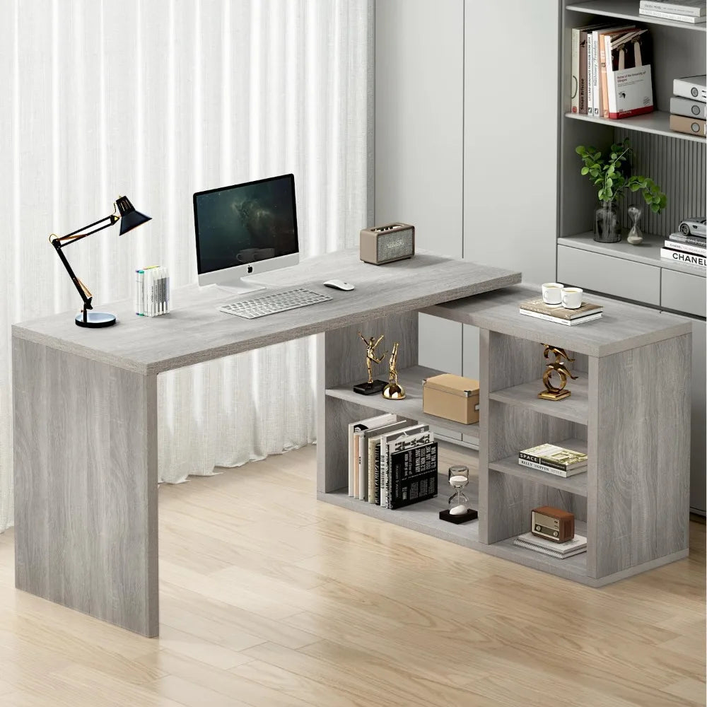 Gray L Shaped Corner Desk with Storage Shelves, Reversible L Shape Computer Desk with Storage Cabinet, Adjustable Corner Home O
