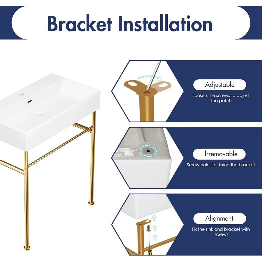 30"x16" Console Bathroom Sink, Free Standing 30 Inch Bracket Stainless Steel Support Pedestal Legs, Wall Mount Vessel Ceramic V