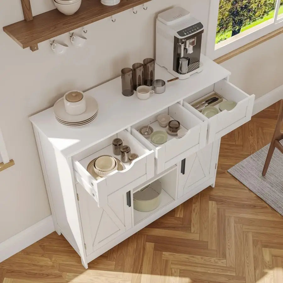 Cabinet, Coffee Bar Cabinet with 2 Adjustable Shelves, 3 Drawers, and 2 Doors, for Bathroom, Kitchen, Living Room White
