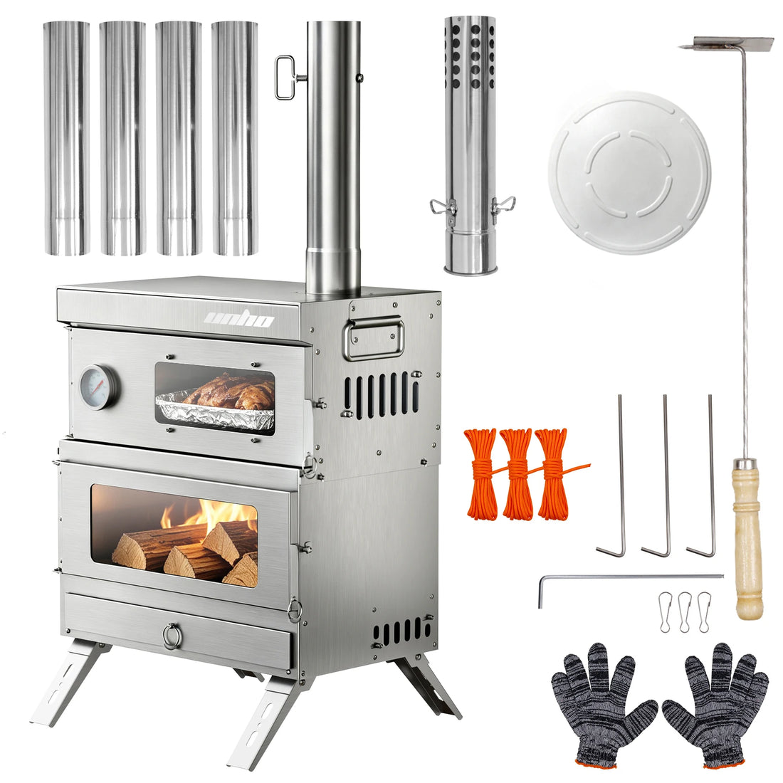 Unho Portable Wood Burning Camping Stove with Oven and Chimney