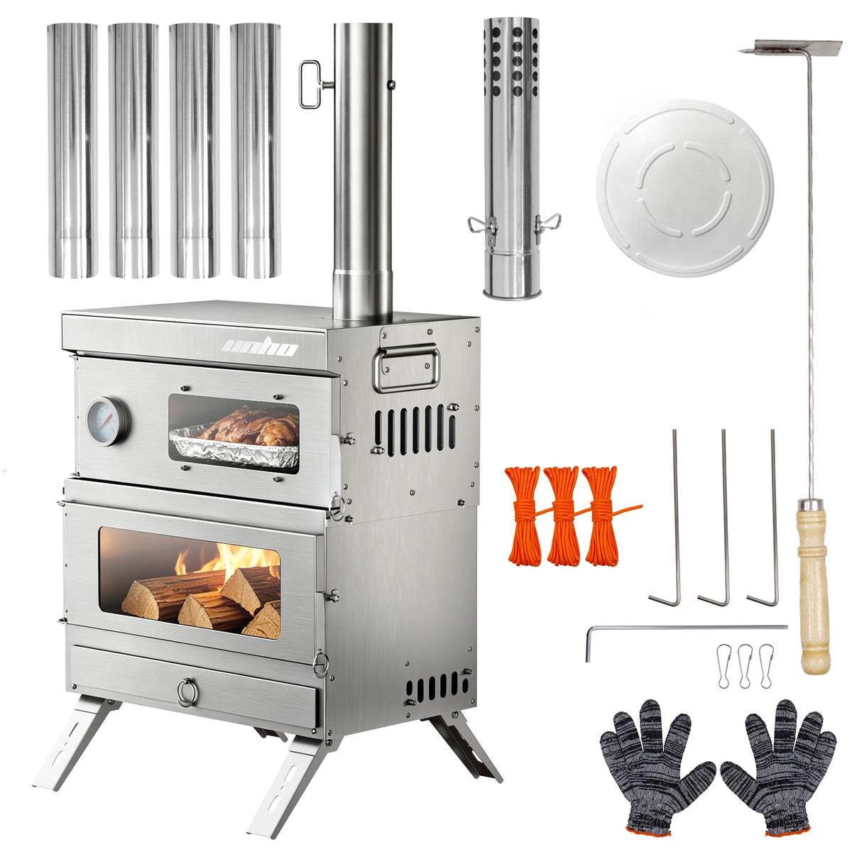 Unho Portable Wood Burning Camping Stove with Oven and Chimney
