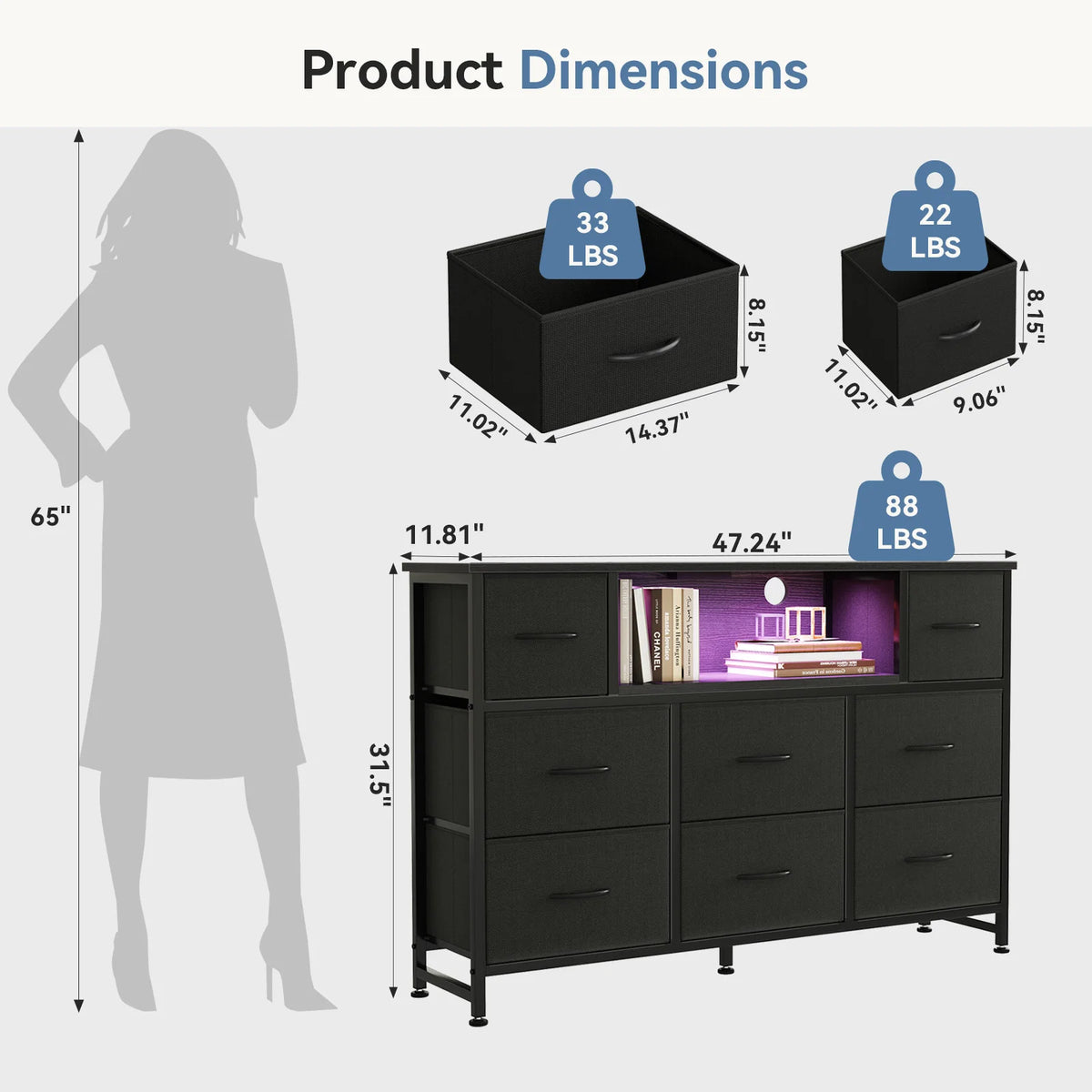 JHK LED TV Stand with Fabric Drawers and Charging Station