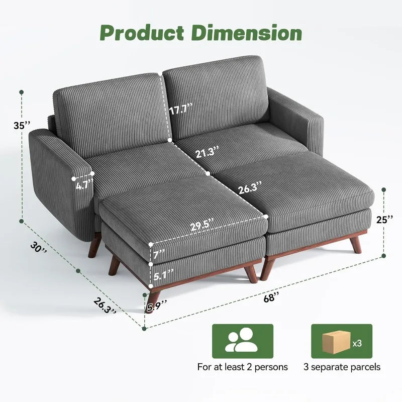 68" Loveseat Sofa with Movable Ottoman, Comfy Corduroy Couch with Spring Cushion, Sofa Couch with Solid Wood, Modern O