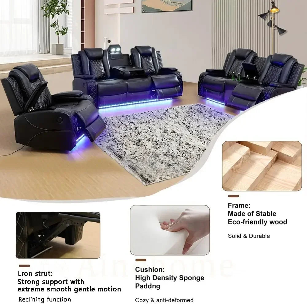 Multifunction Power Air Leather Recliner Sofa Set with LED Lights, Living Room Furniture, Reclining Sofa, loveseat, Chair with