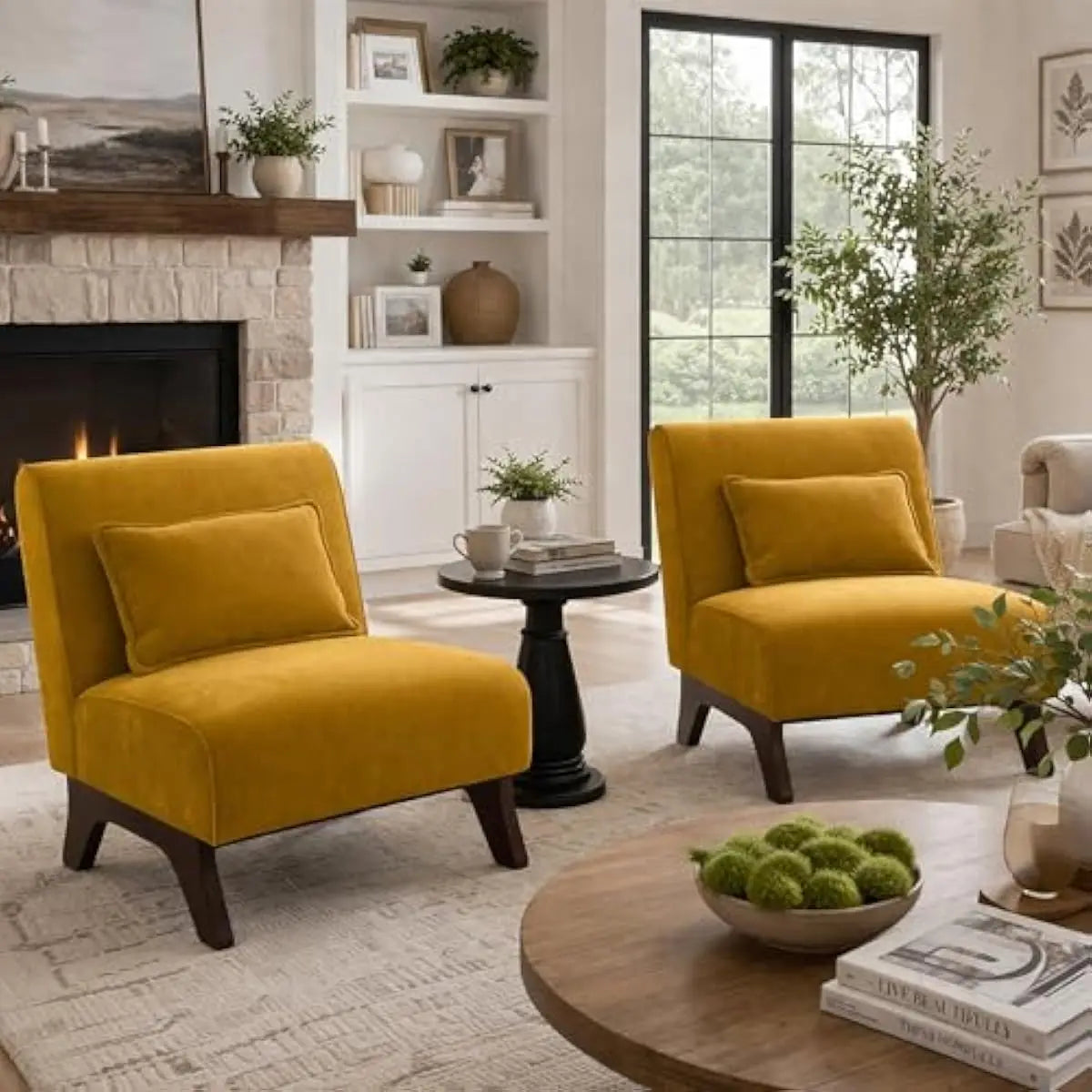 Upholstered armless lounge chairs set of two – wood frame construction with high-density foam cushioning and integrated back pil