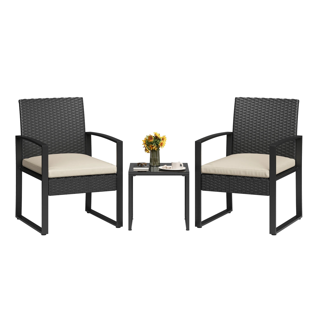 3-Piece PE Rattan Patio Bar Set, Outdoor Bar Height Bistro Table and 2 Stools with Tempered Glass Tabletop, Weather Resistant Wicker Patio Furniture Set, Modern Conversation Bar Set for Garden Balcony Backyard