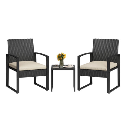 3-Piece PE Rattan Patio Bar Set, Outdoor Bar Height Bistro Table and 2 Stools with Tempered Glass Tabletop, Weather Resistant Wicker Patio Furniture Set, Modern Conversation Bar Set for Garden Balcony Backyard