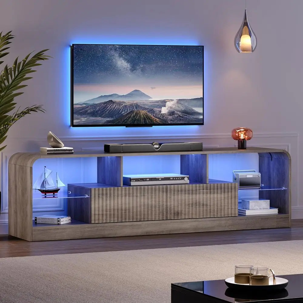 TV Stand or 60/65/70 Inch TVs, ern Curved TV ole with LED Lights, 2 Ders &amp; Glass Shelves, Living Room Entertainment Center