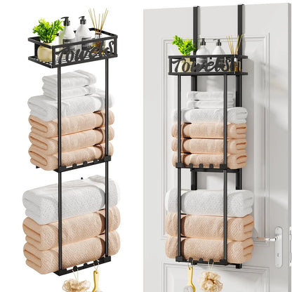 Towel Rack Bathroom Storage - 3 Tier Over The Door &amp; Wall Mounted Rolled Towel Racks Holder Organizer With Metal Shelf An