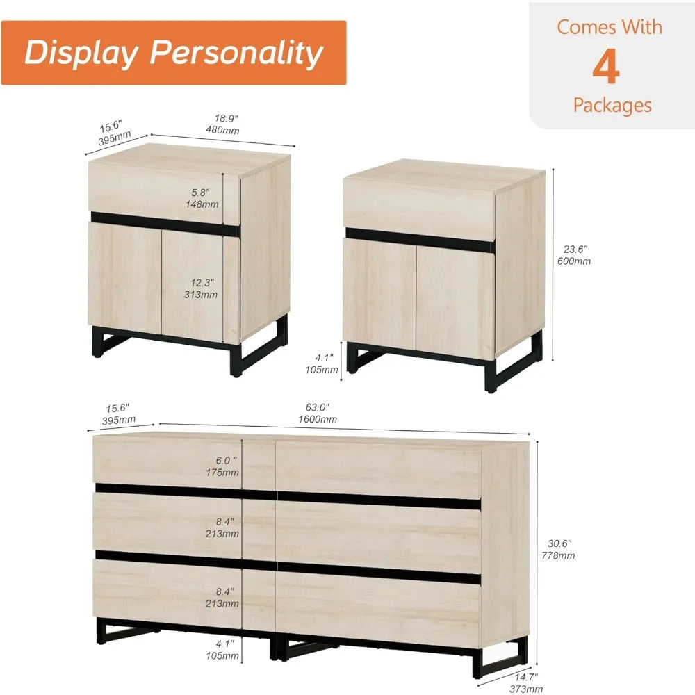 Dresser and Nightstand Set of 3, 63 Inches Dresser with 6 Drawers, 2 Nightstand with Drawer and Cabinet for Bedroom, Bedroom Fu
